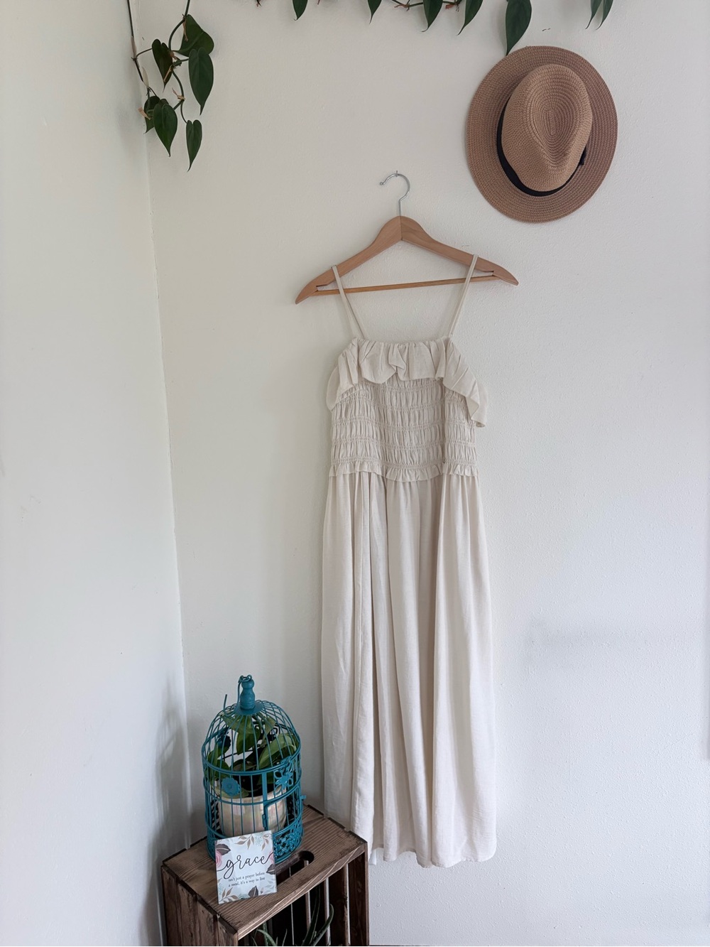 Time and Tru Ivory Smocked Ruffle Maxi Dress M 8-10 Cottagecore Boho